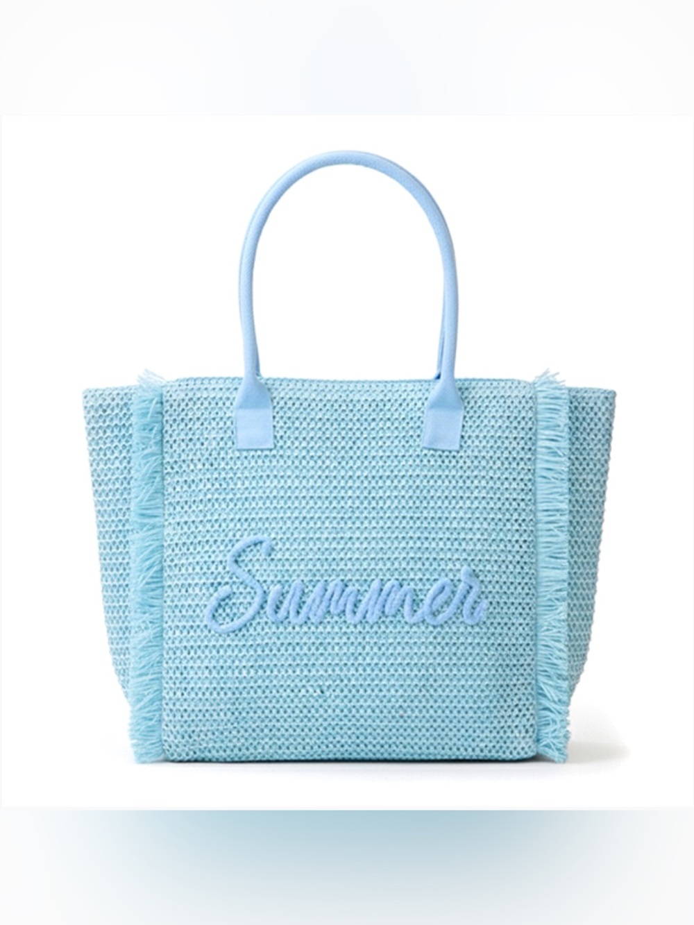 Blue Woven Straw Summer Script Embroidered Fringe Tote - Picture 2 of 3